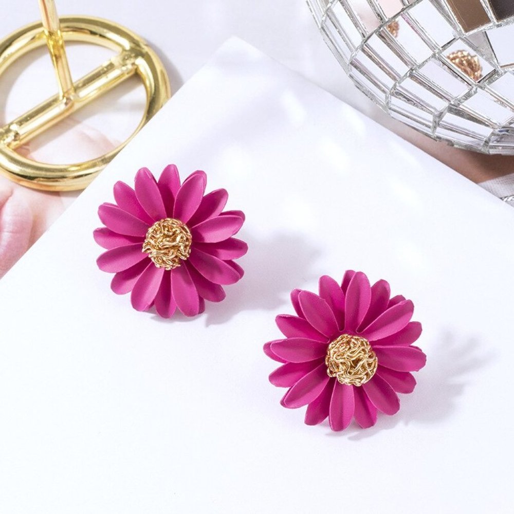 Gold Red Cute Large Daisy Flower Stud Earrings